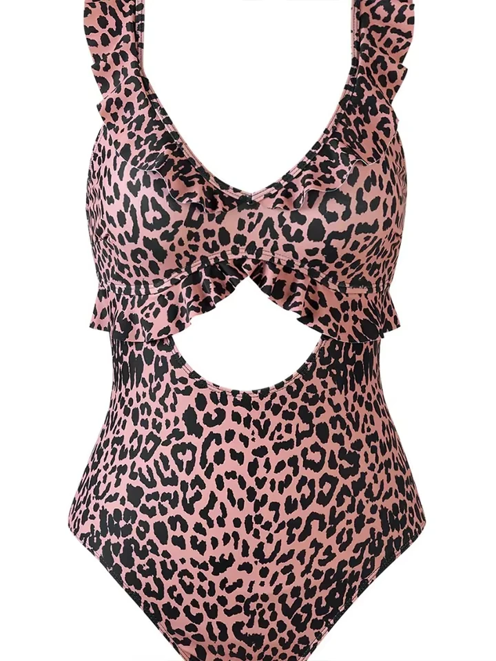 Vzvn 2026 All Season Backless Sexy Leopard Ruffles Vacation One Piece Swimsuit for Women Beach Motion Bikinis One Piece Swims