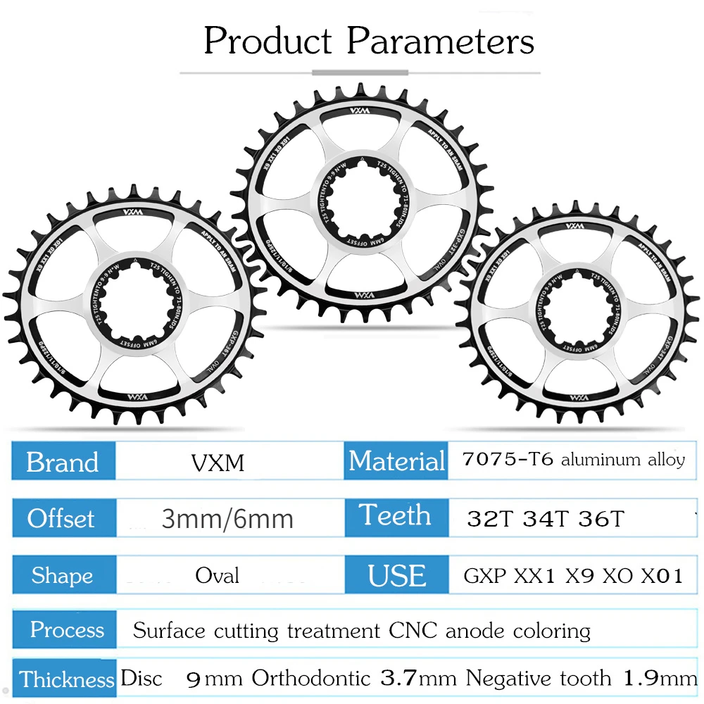 VXM  Oval Chainring 3mm 6mm Offset, Direct Mount  XX1 X01 X1 X0 X9,32T 34T 36T, MTB Bicycle Road Bike