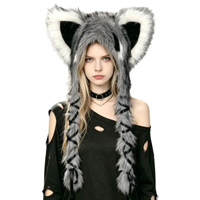Raccoon Plush Ear Flaps Hat with Ear Covering Side Panels, Long Ribbon Tied Braids, and Pointed Ears for Festival Outfit