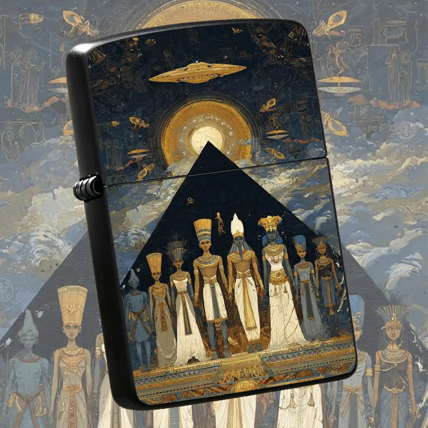 Vintage Egyptian Themed Lighter, Exotic Anciant Civilization Pharaoh Hieroglyph Pattern, Mysterious Ufo Pyramid Art Decor, Portable Stylish Accessory For Daily Use, Gifting,And All Scenarios A Humorous And Interesting Lighter