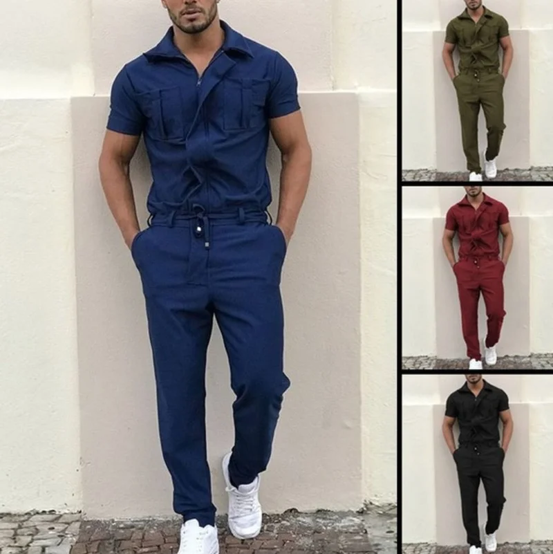 Men Outfit Set 2022 Men\'s Fashion Short Sleeve Pocket Zip Zip Jumpsuit Overalls Overalls Overalls Men Clothing