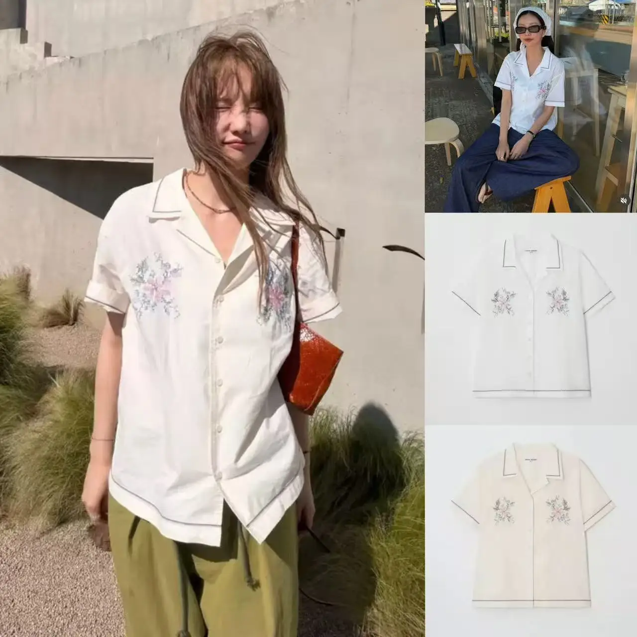 

Brenda Loose Floral Embroidery Shirt Korean Style Short Sleeve Suit Collar Vintage Women's Breathable Comfortable Casual Top