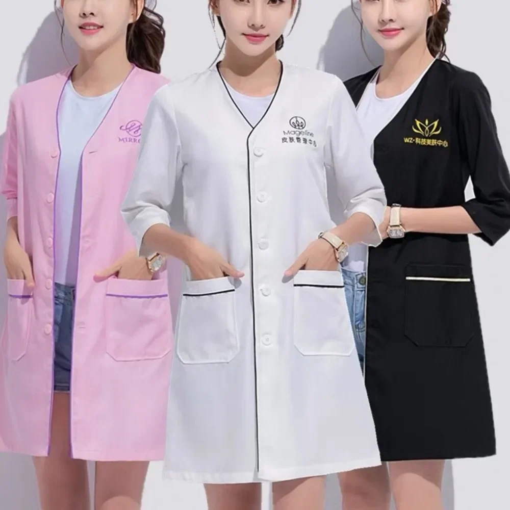 Custom Logo beauty uniform beautician Skin manager work clothes spa uniform white large size short-sleeve lab coat Salon Scrubs