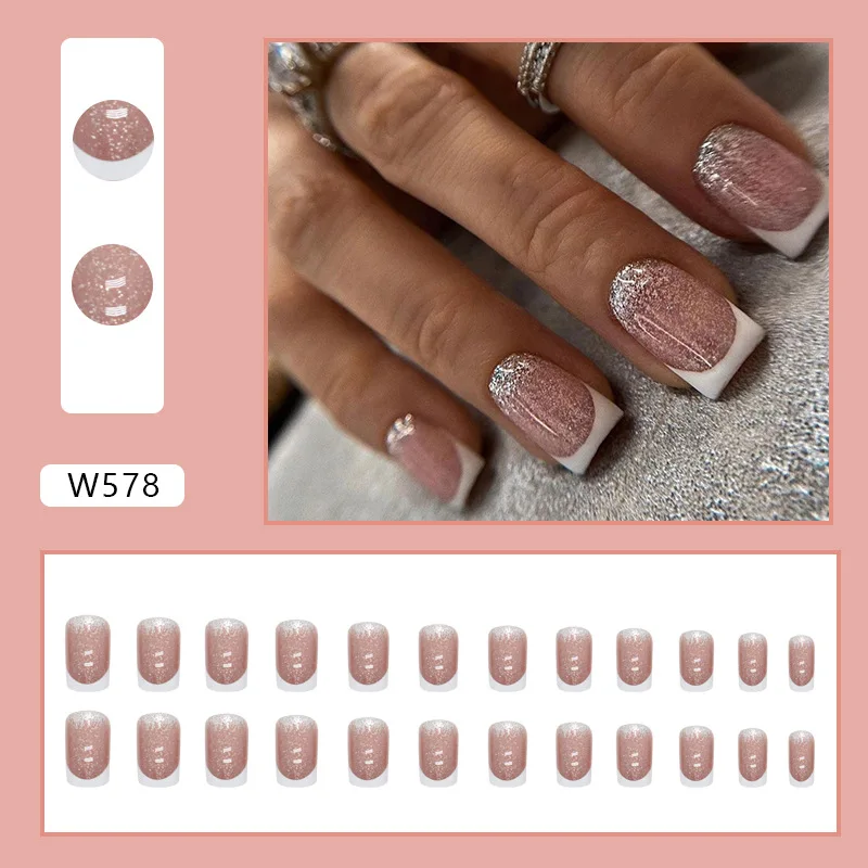 24 Stuks Glitter Vierkant Eenvoudige Witte Franse Valse Nagels Te Plakken Pers Ons Nagels Korte Herbruikbare Vrouw Nep Nagel Volledige Cover Manicure