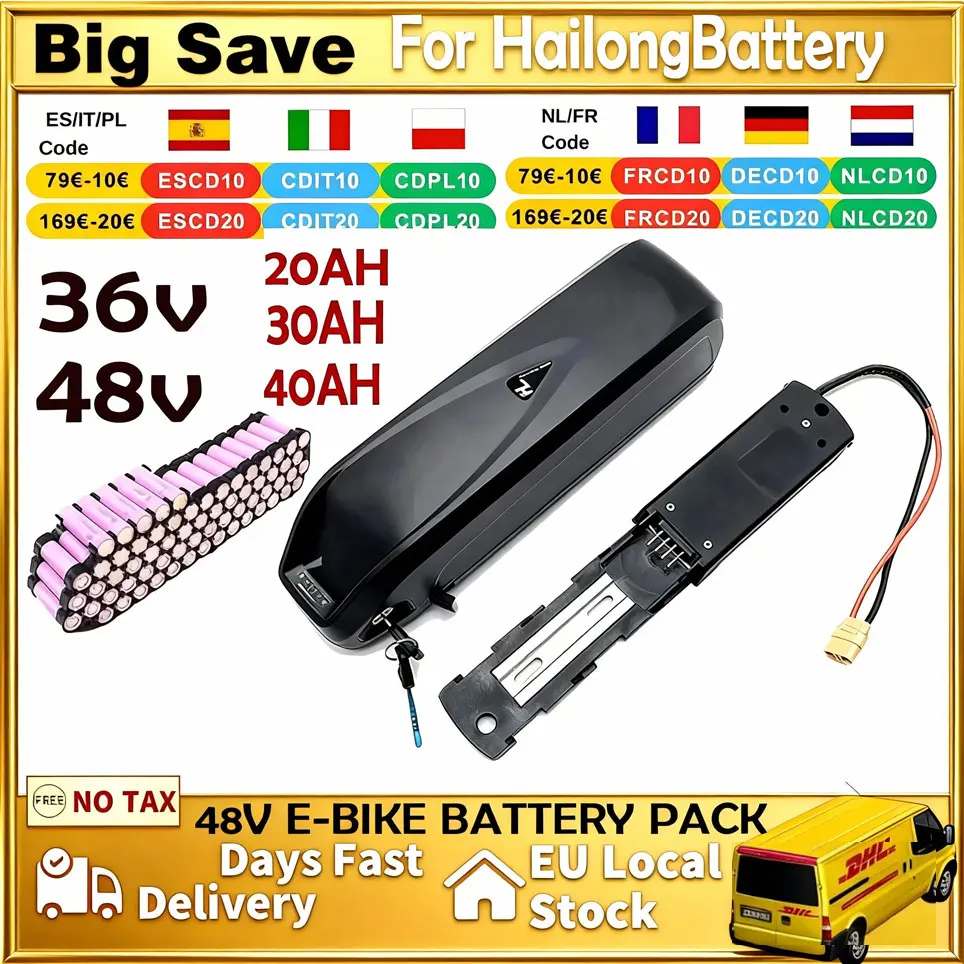 Nouveau pack d'alimentation 48V 250-1200W pour batterie Hailong 20Ah 30Ah 40Ah, compatible avec les moteurs Bafang BBS02 BBS03 BBSHD, pleine capacité