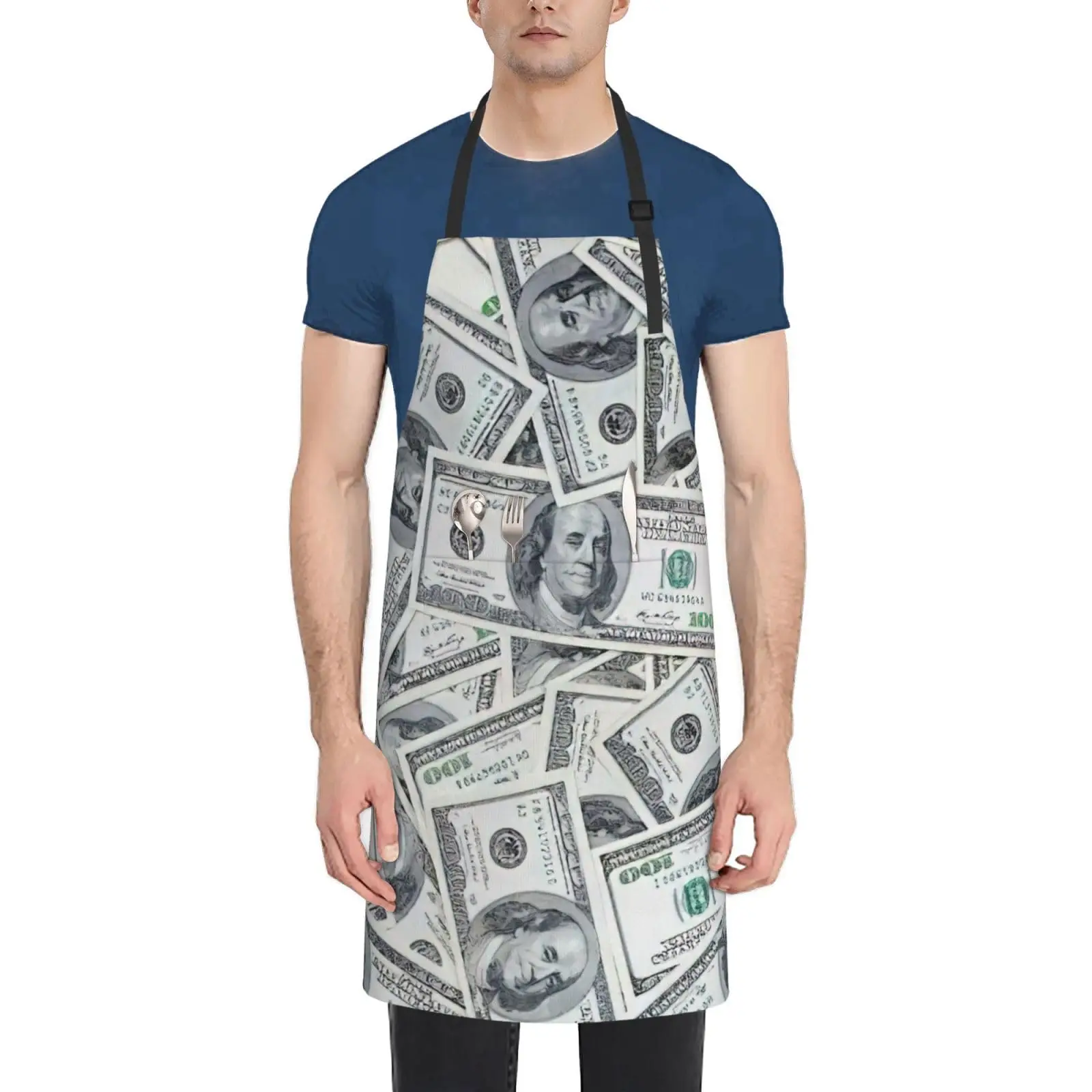 Funny Dollar Money Kitchen Chef Apron, Adjustable Waterproof Apron With 2 Pockets, Used For Barbecue And Cooking