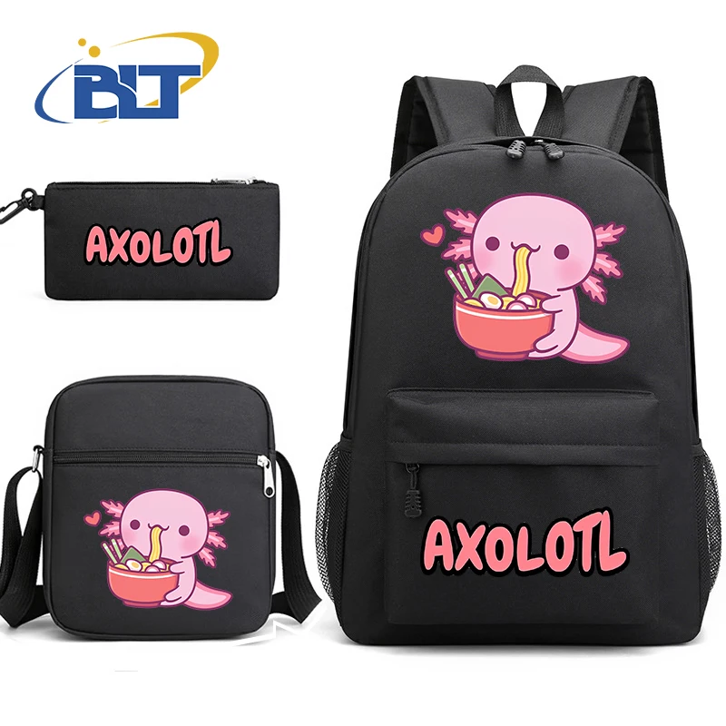 Axolotl-Conjunto de mochila con estampado de dibujos animados para estudiantes, mochila negra, bolso de hombro, estuche para lápices, Juego de 3