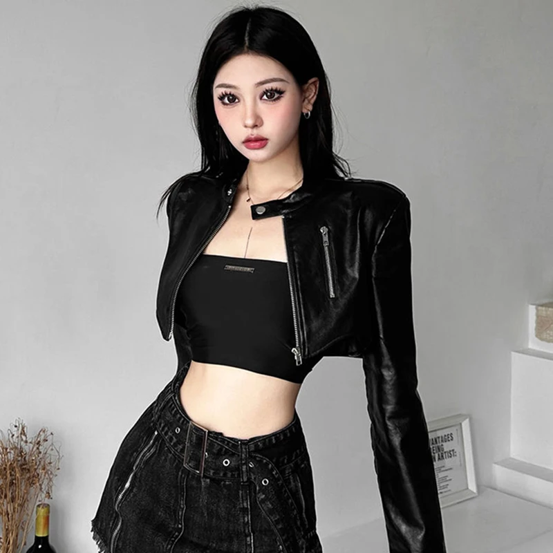 Black Pu Leather Jacket Women Sexy Cropped Harajuku Y2K Biker Riding Suit Tops Slim High Street Racing Zipper Chic Coat