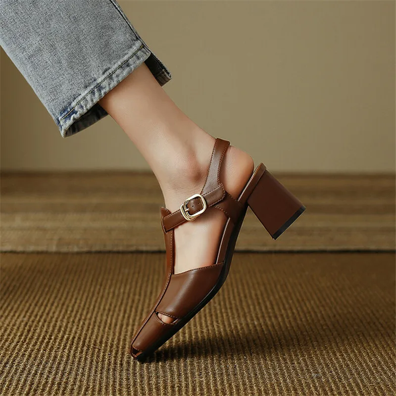 Split Leather Summer Sandals Square Toe Chunky Heel Sandals for Women High Heels Mary Jane Shoes T-shaped Buckle Ladies Shoes