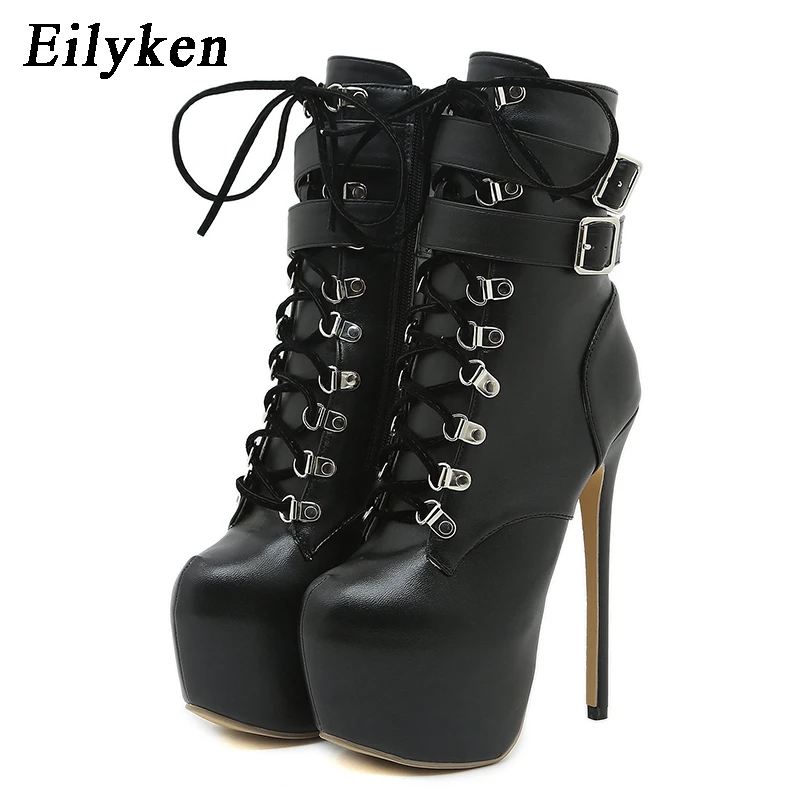 Eilyken Punk Style Lace-up Platform Ankle Boots Women Designer Buckle Strap Chelsea Booties Super High Heels Nightclub Shoes