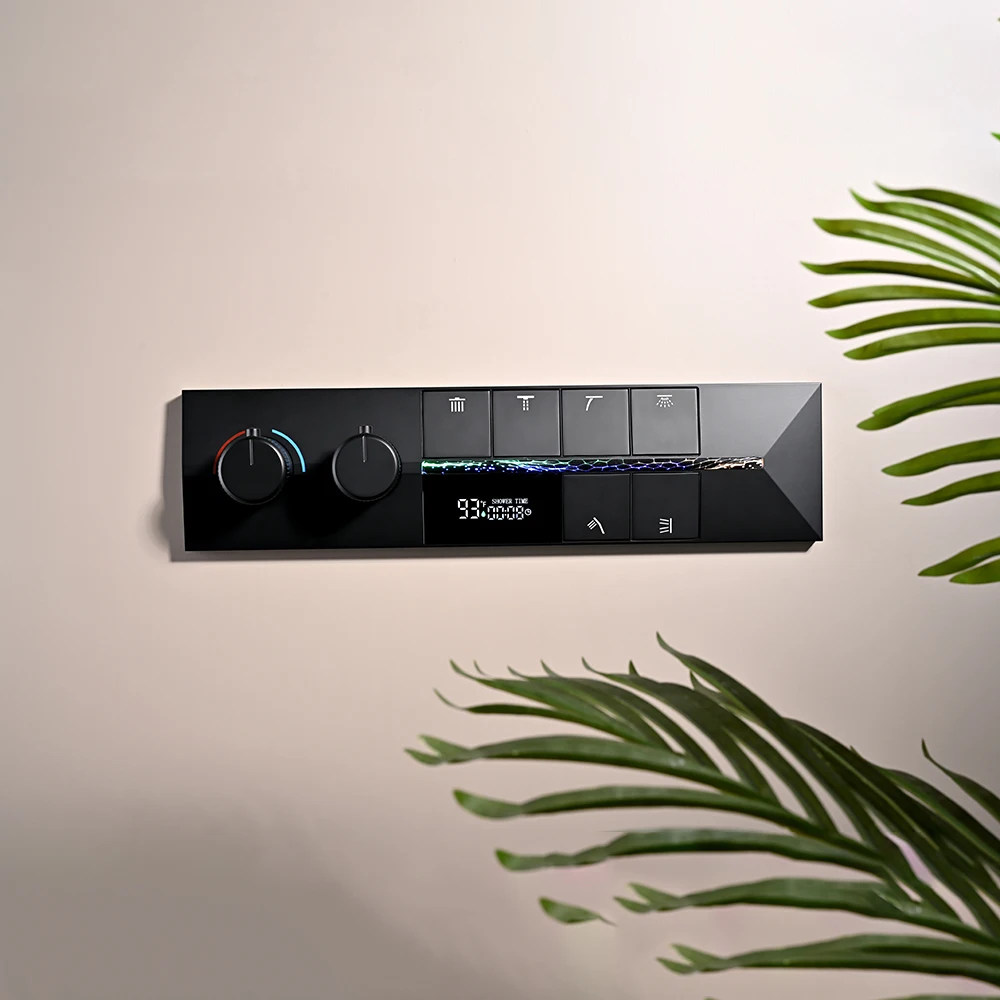 

Qlonn 6 Functions Button Shower Faucet Diverter Bathroom Concealed Black Thermostatic Mixer Brass Body With Temperature Display