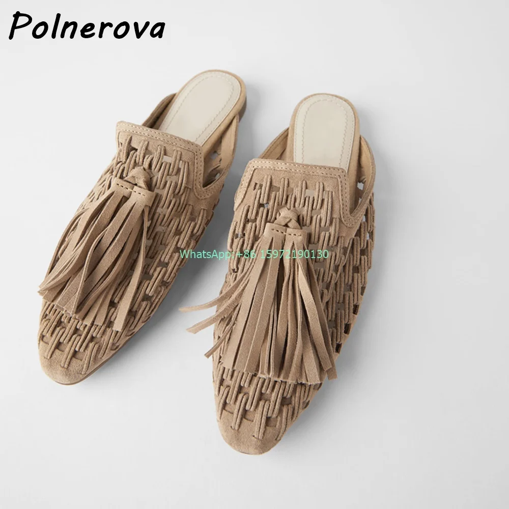 

Weave Fringe Mules Slippers Pointy Toe Flat with Slip Om Solid Pumps Ladies Fashion Comfortable Leisure Outdoor Roman Shoes