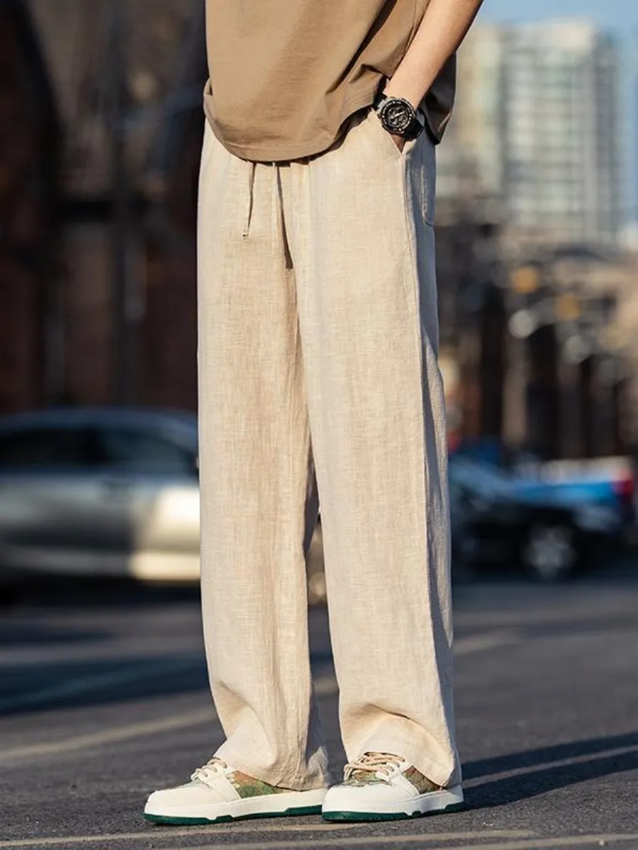 Cotton Linen Men's Summer Thin Breathable Straight Leg Loose Wide Leg Casual Pants Trendy Loose Fit Natural Waist Zipper