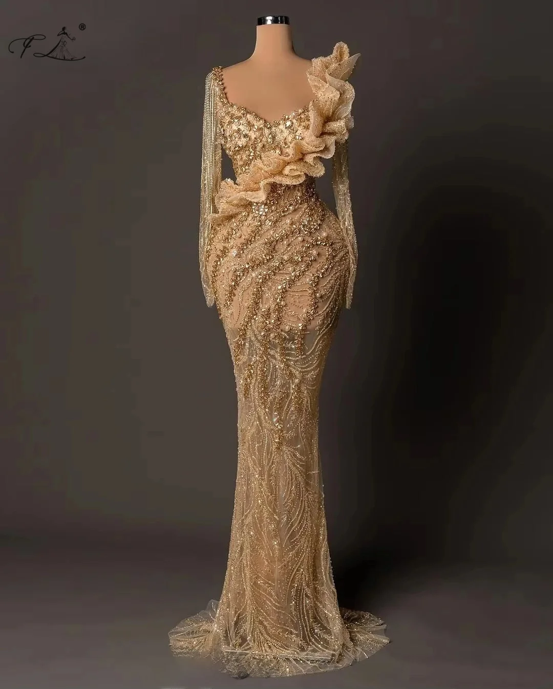 

Dark Gold Formal Evening Dresses With Crystals Long Sleeves Wedding Party Dresses Celebrity Dresses For Women Customized