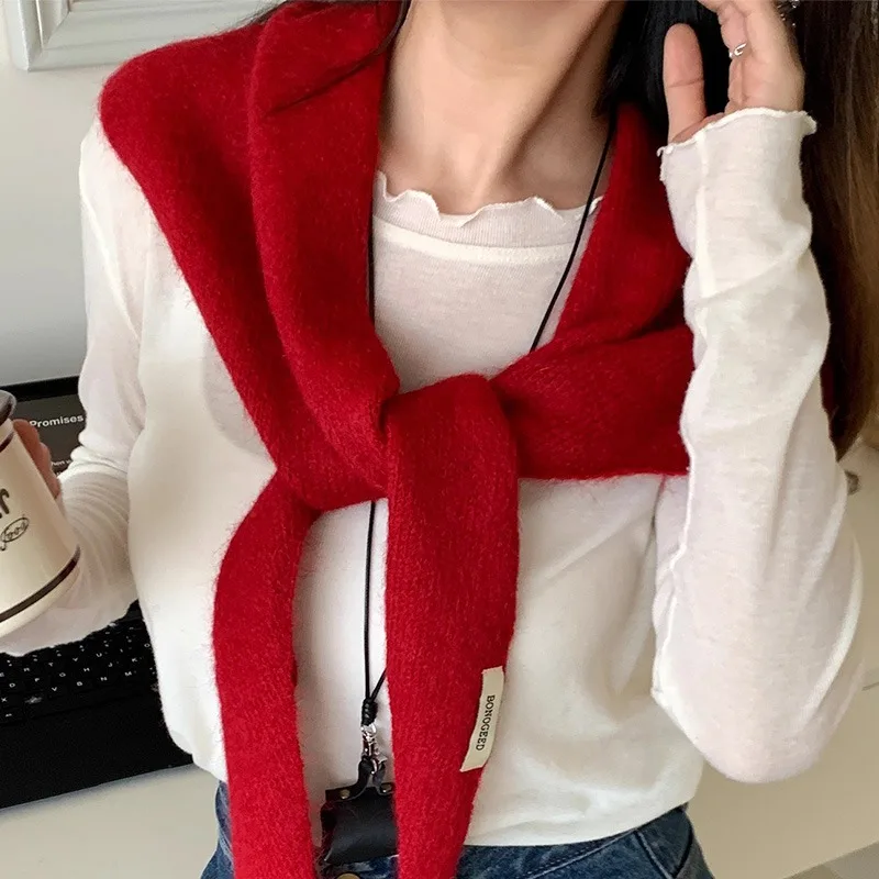 Korean INS Knitted Soft Scarf for Women Wool Winter Warm Scarves Bright Solid Color Thicken Shawl Triangle Fashion Sweet Scarfs