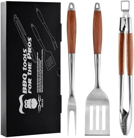 

GRILAZ Heavy-Duty Wooden BBQ Set – Stainless Steel Spatula, Fork & Tongs for Grilling – Perfect Father’s Day Gift