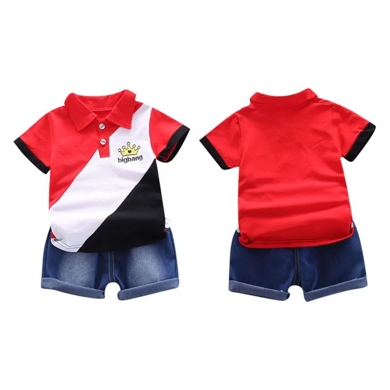 Boys Summer Shorts Set Lapel Patchwork Crown Short Sleeve Denim Shorts Two-Piece Set 0-6 Years Old Boys Children\'s Sets