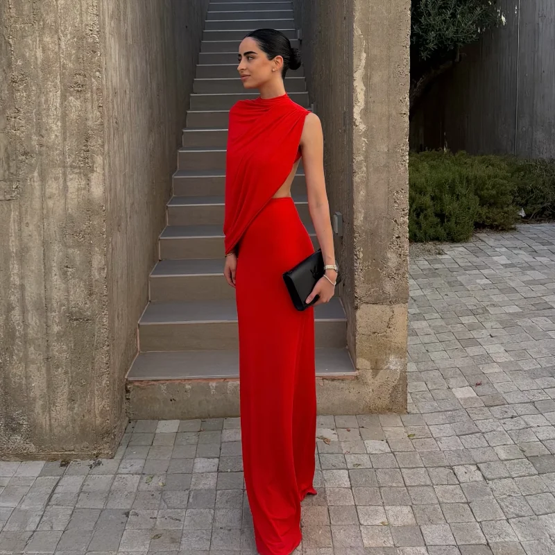 Chic Bold Red Asymmetrical Maxi Dress Elegant Eye-catching Draped Open Back Bodycon Women Dresses Party Modest Retro Streetwear