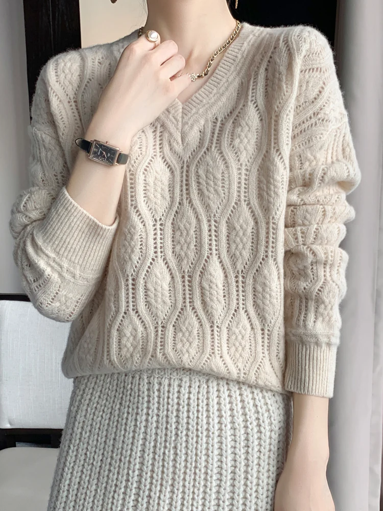 CHICUU Women Cashmere Sweater V-neck Pullover Hollow Out Cable Knitting 100% Merino Wool Knitwear Autumn Winter Female Clothing