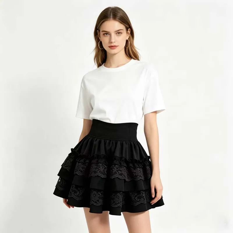 

High Quality Elastic High Waist Lace Patchwork A Line Mini Skirts Women Sweet Tutu Pleated Cake Skirt Japanese Style Slim Skirts