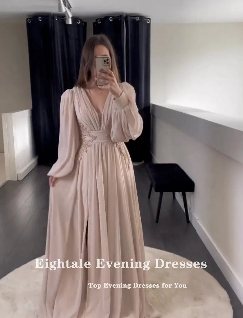 Eightale Evening Party Dress Women Elegant Luxury V-Neck Appliques Beaded Chiffon Long Sleeves Prom Gown Vestidos De Graduación