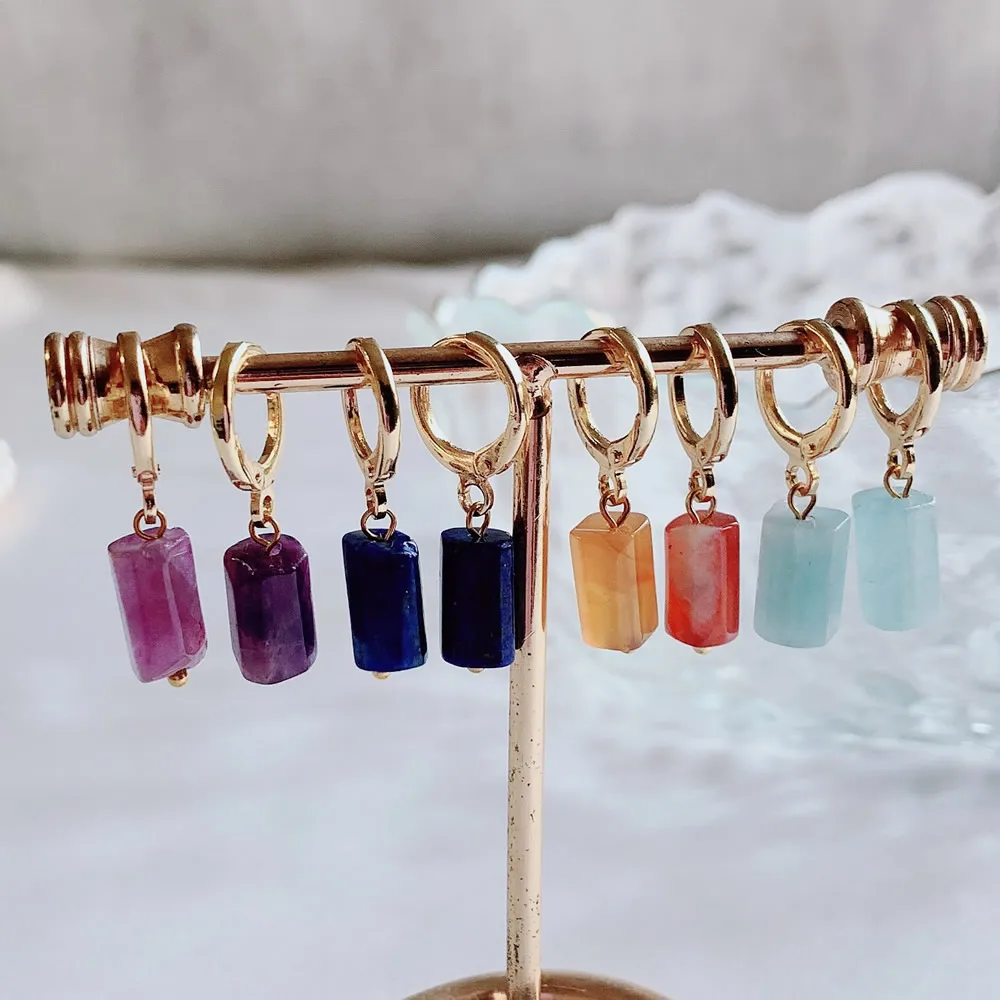 Simple Fashion Real Crystal Earrings Small Ear Loop Column Irregular Pillar Stone Agates Lapis Purple Blue Crystal Drop Earrings
