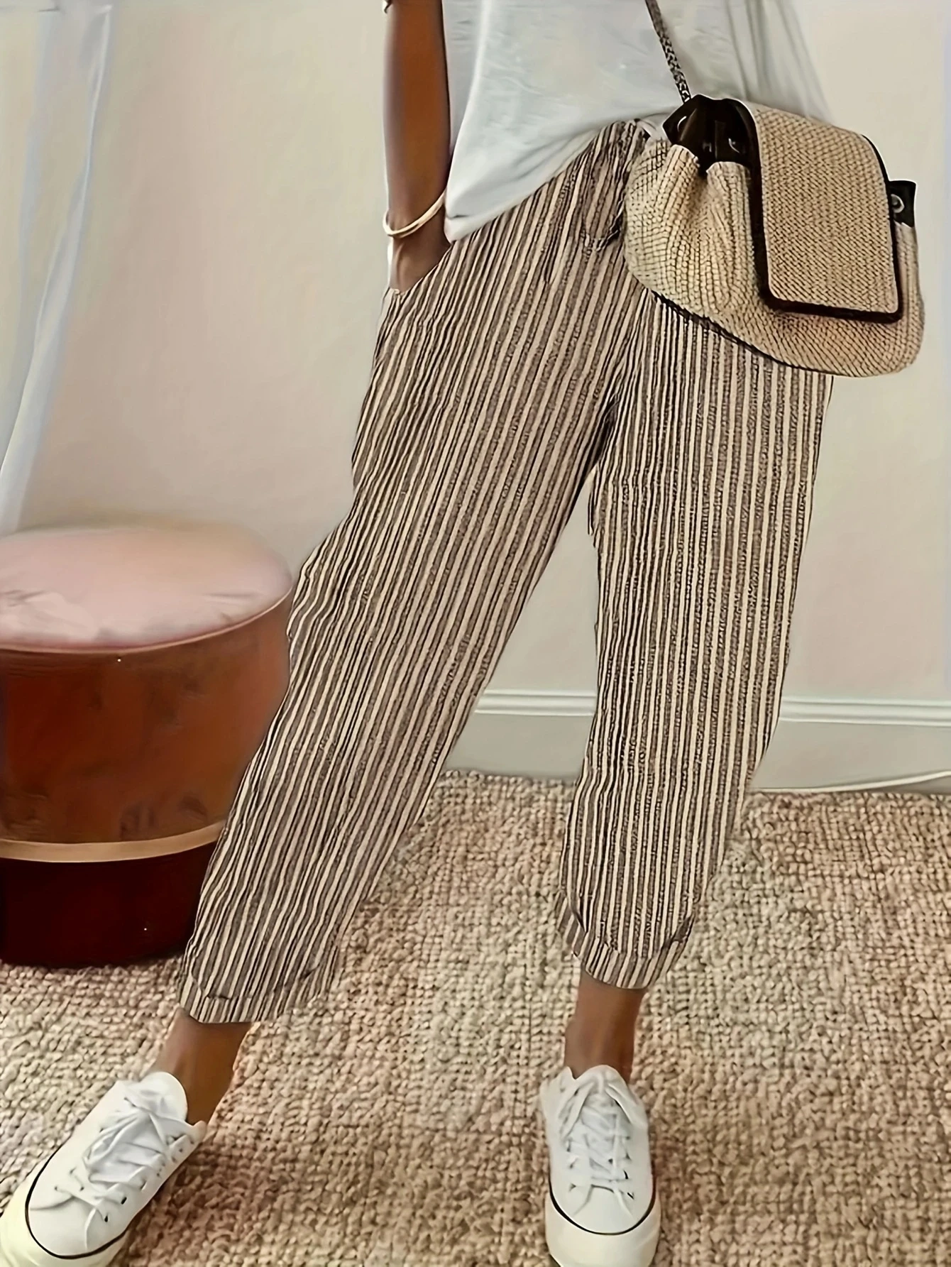 Women Fashion Elastic Waist Long Trousers Pockets Casual Striped Printed Loose Female Elegant All-Match Straight Pants New