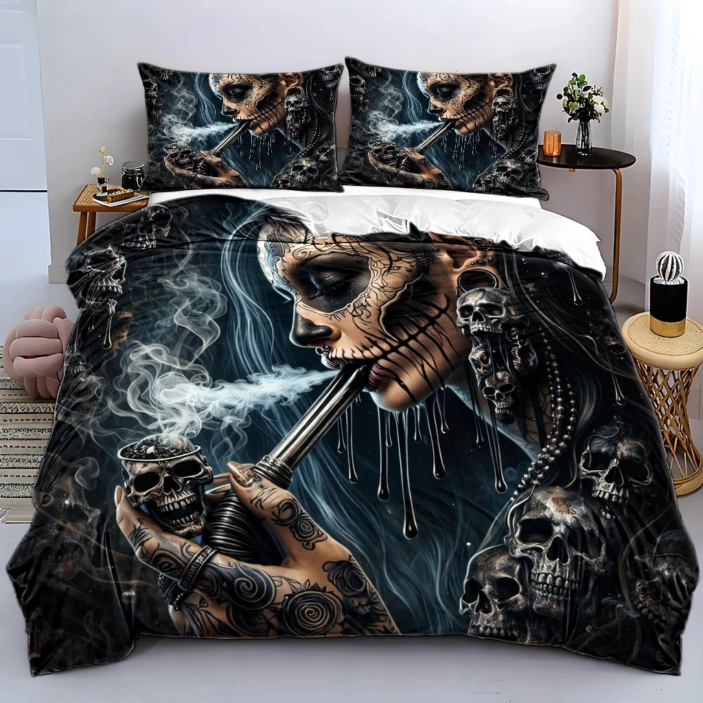 3Pc Skull Tattoo Dark Style Duvet Cover Set, Three-Piece Bedding Set (1*Duvet Cover + 2*Pillowcases), Suitable for All Seasons, Machine Washable, Invisible Zipper Design, Large Double Bed Cover Set, Suitable for Home, Dorm, Master Bedroom, Guest Room, Personalized Punk Style Skull Elements Bedding, Trendy Dark Style Bedding, Retro Heavy Metal Style Duvet Cover Set, Wear-Resistant Skin-Friendly Bedding Set, Creative Artistic Skull Print Duvet Cover, Cross-Border Hot Selling Dark Style Bedding, Vintage Heavy Metal Style Duvet Cover Set, Durable and Skin-Friendly Bedding Set, Creative Artistic Skull Print Duvet Cover