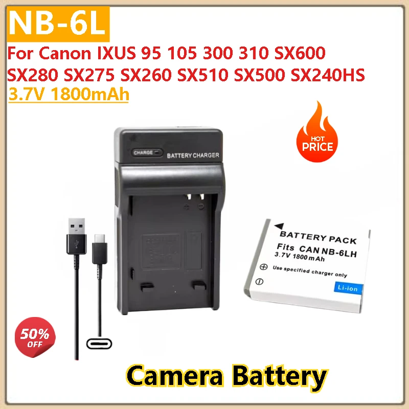 

3.7V 1800mAh NB-6L Battery+USB Type-C Charger For Canon SX600 SX510 SX500 SX280 SX275 SX260 SX240HS IXUS 95 105 300 310