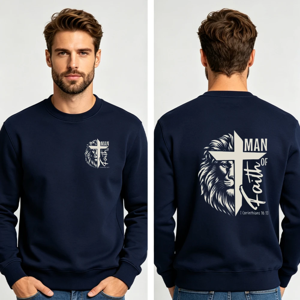 Men Man of Faith Lion Cross Double Sided Crewneck Sweatshirt Religious Christian Faith Graphic Loose Casual Daily Wear Pullover