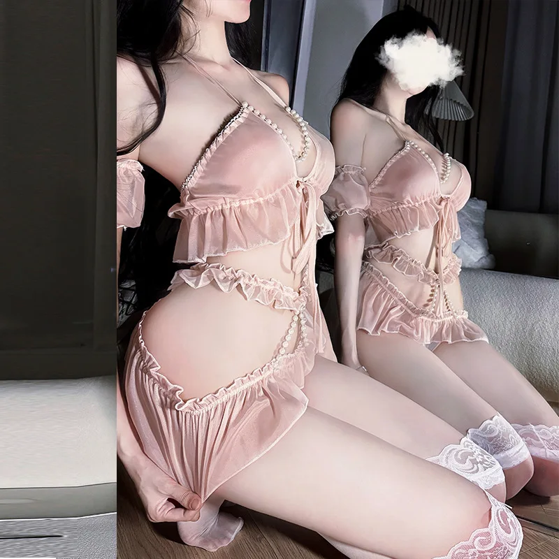 Sexy Hollow Pearl Chain Halter Suit Women See Through Underwear Maid Role Play Uniform Backless Lingerie Outfits Nightwear Girl