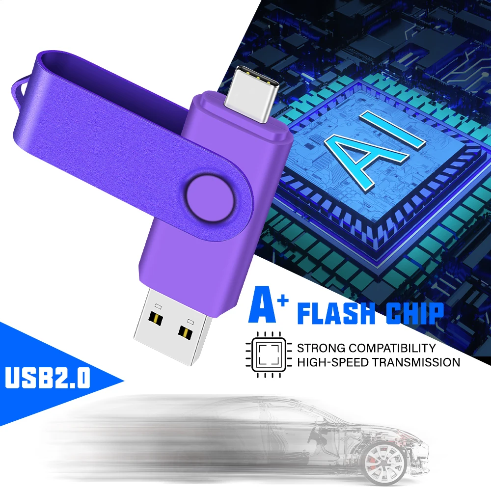 TYPE-C USB 2.0 Flash Drive 128GB Pen Drive 64GB Gratis Gantungan Kunci Stik Memori Hadiah Bisnis Kreatif Flashdisk Merah Dapat Diputar Cle
