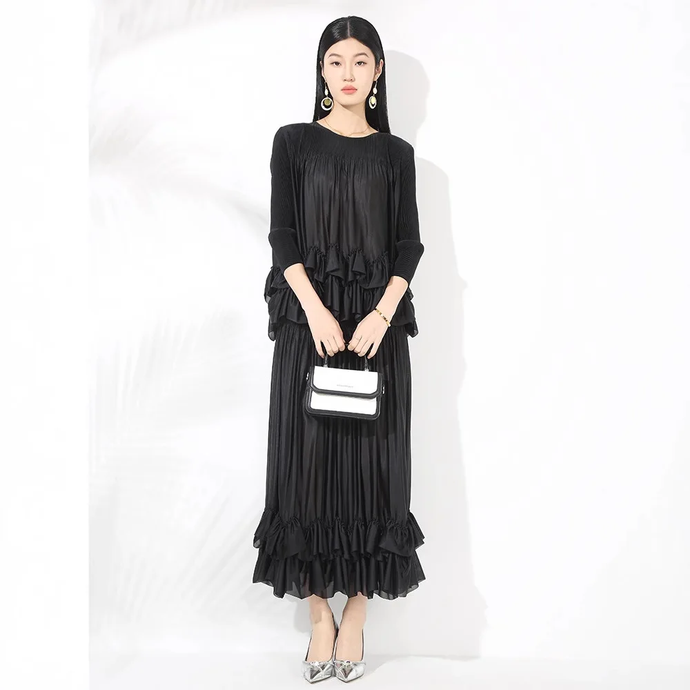 

Miyake Pleated Fashionable Temperament Suit for Women 2025 New Ruffled Quarter Sleeve Top High Waist Long Skirt Two-piece Set