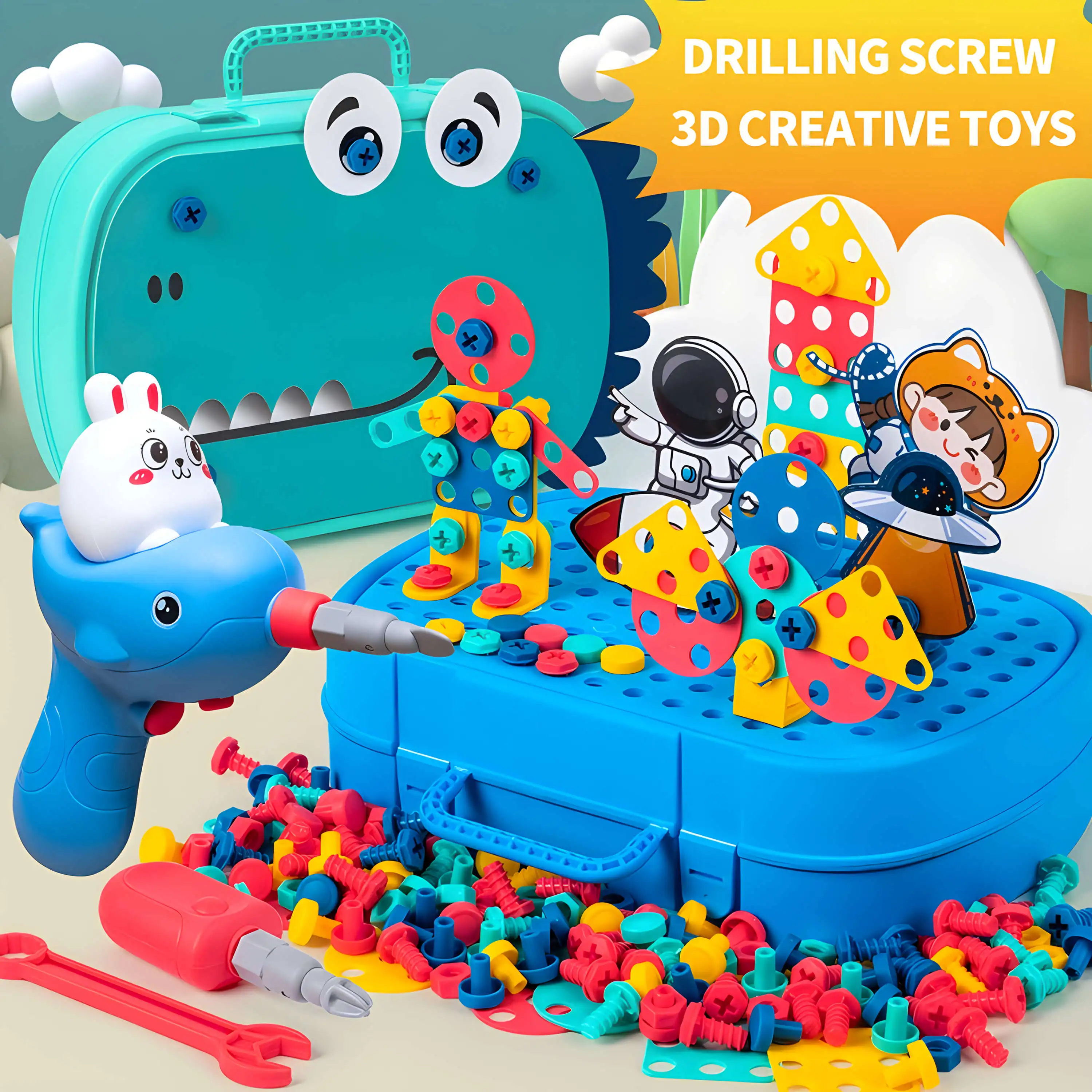 Kids Electric Drill and Screw Set, Creative Mosaic with Toy Drill & Kids Screwdriver Toy Set, Perfect STEM for Kids