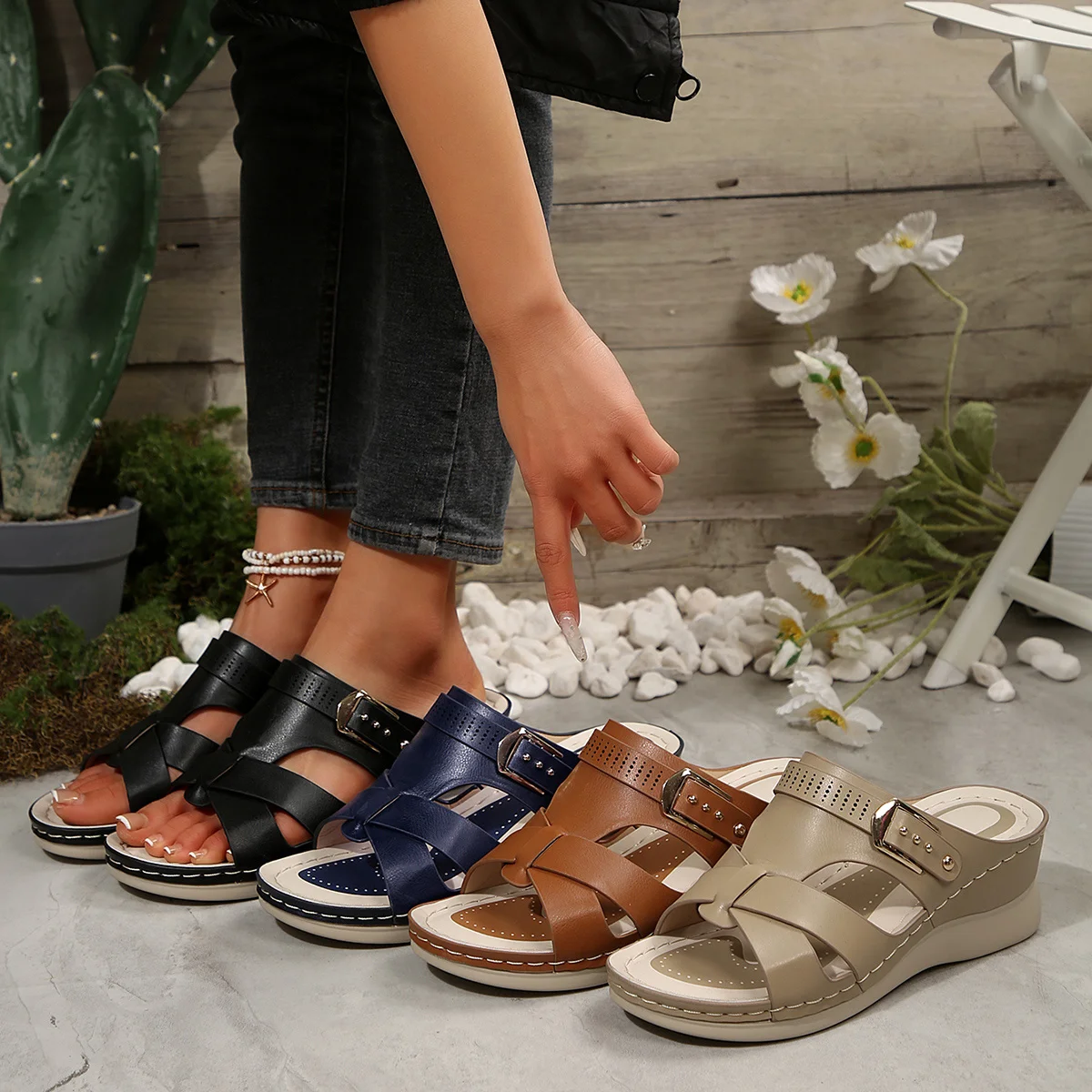Womens Cross Strap Buckle Wedge Slide Sandals Open Toe Pu Leather Summer Slippers Casual Beach Daily Ladies Walking Shoes