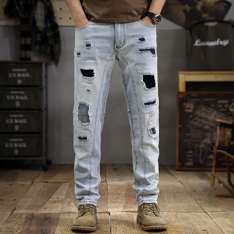 Summer Washed Wear-White Ripped Jeans Men\'s Slim Fit Straight Ankle-Tied Vintage Trendy Casual Street Motorcycle Trousers