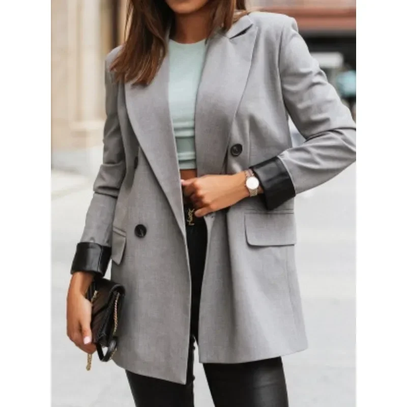 

Women's Fashionable Double Breasted Decorative Lapel Suit Coat Ladies Casual Solid Color Long Sleeved Suit Jacket
