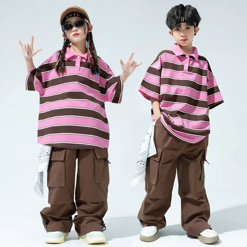 

T-shirt Top + Loose Pants Teen Boys Street Dance Costumes Kids Hip Hop Jazz Performance Clothes Sets Girls Short Sleeve Striped