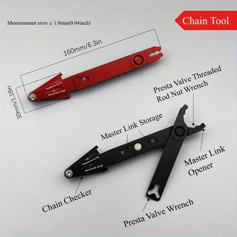 1pc 5in1 Bike Chain Wear Checker Aluminum Alloy Multi Tool with Master Link Pliers Presta Wrench Compact Cycling Repair Kit