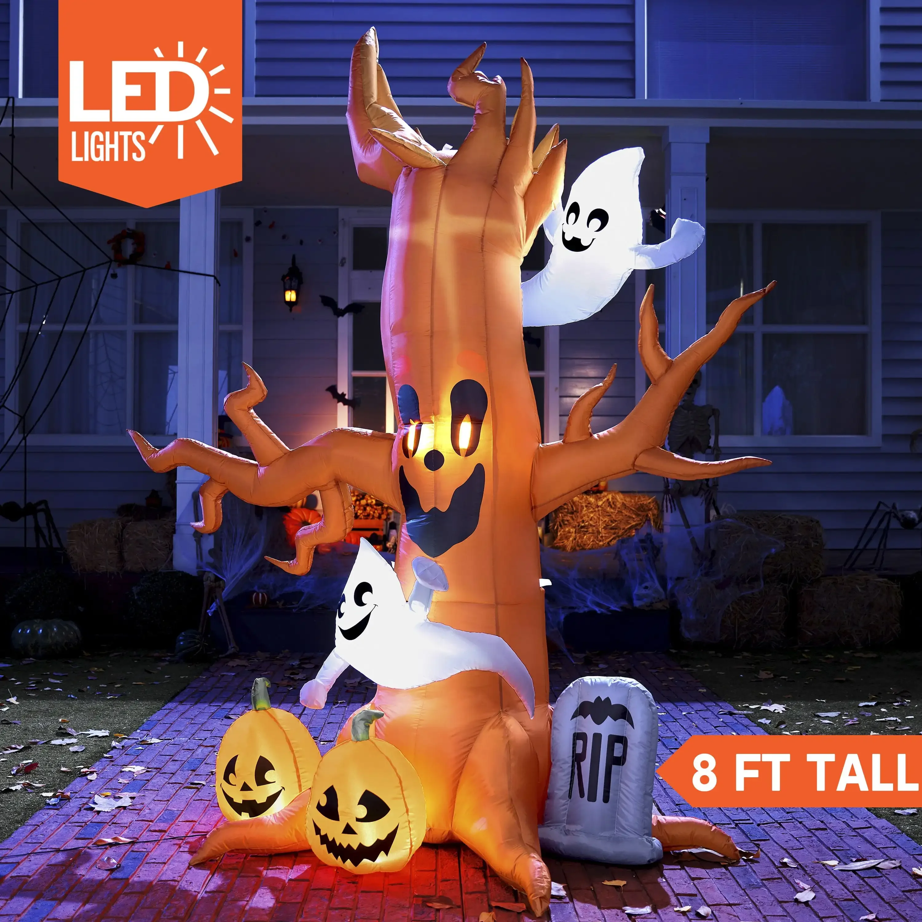 Albero Spaventoso Gonfiabile di 8 Piedi per Halloween con Fantasma e LED Integrati, Gonfiabile da Giardino per Halloween
