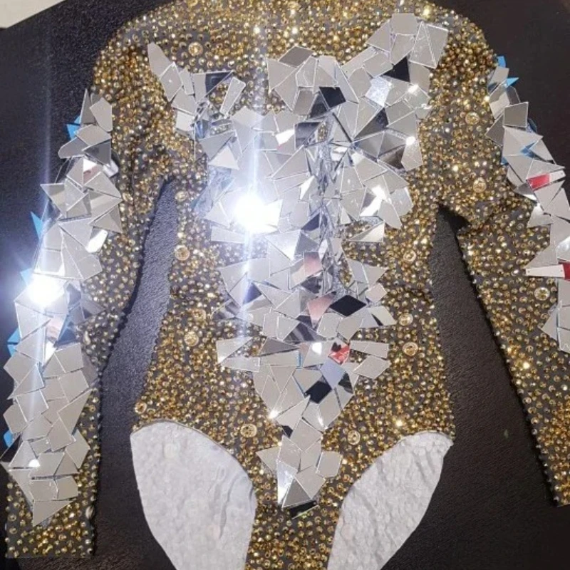 Leotardo con espejos y diamantes de imitación para mujer, traje de fiesta de cumpleaños, disfraz de baile DS Bar Show, traje de actuación