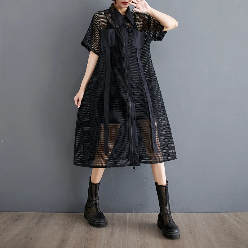 夏のファション、ミセス・シートタフ・ケット・イルト・ドゥ・アルプ・襟付きジッパー・ワンピース・Aラインスカート・ポリエステル生地・ミディ丈・ドゥ・アルプ