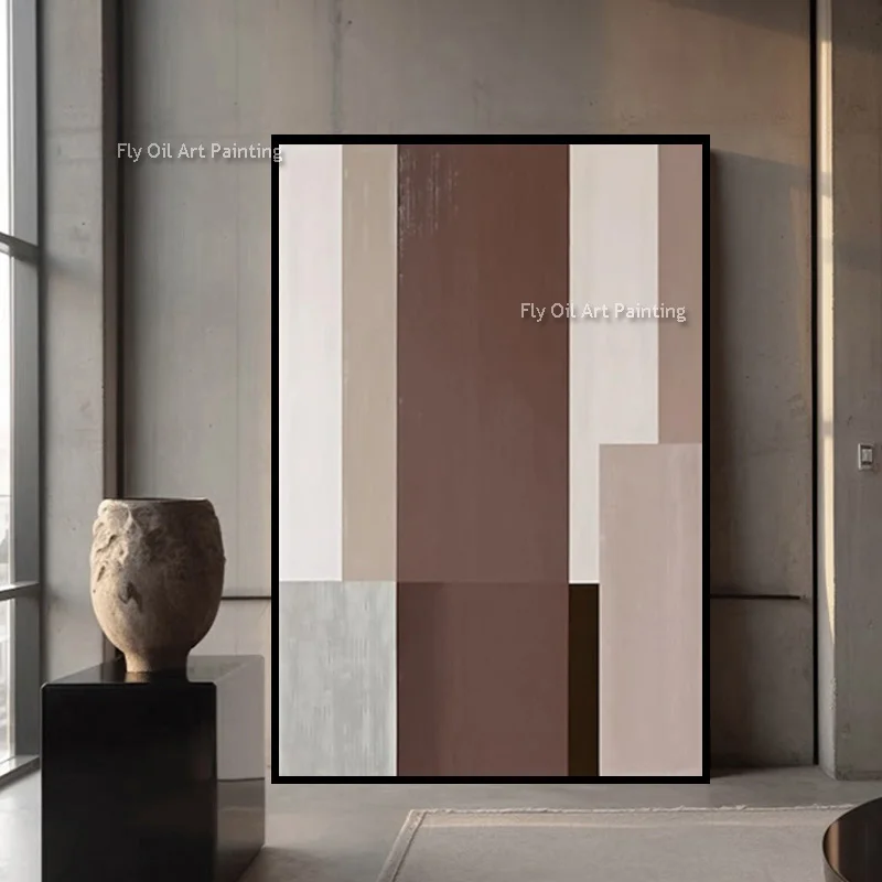 تصميم عصري كبير باللون البني والبيج الفني مصنوع يدويًا بخط أسود أصلي جديد وبيج لوحة زيتية بسيطة على قماش ديكور للغرفة
