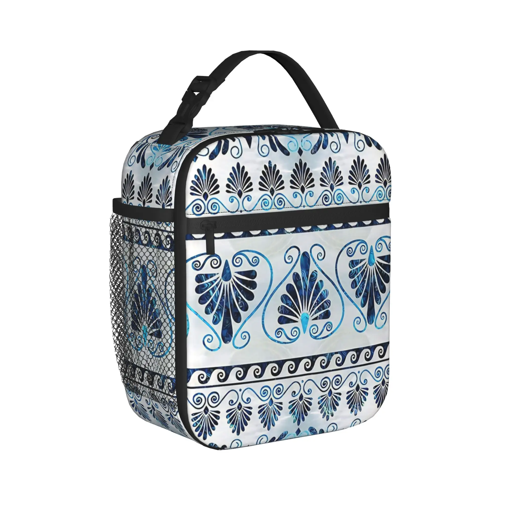 Blue Ornate Floral Lunch Bag  Funny Lunch Box For Child Picnic Convenient Cooler Bag Oxford Graphic Design Thermal Tote Handbags