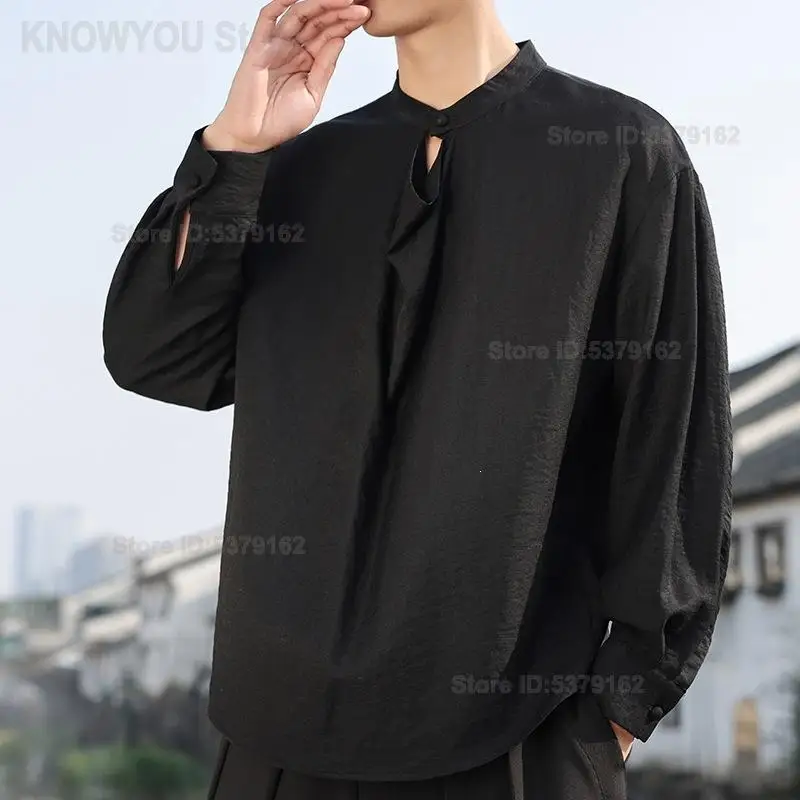 Men New Chinese Cotton Linen Long Sleeve Shirt Mandarin Collar Frog Button Plus Size Loose Zen Tea Wear Casual Oriental