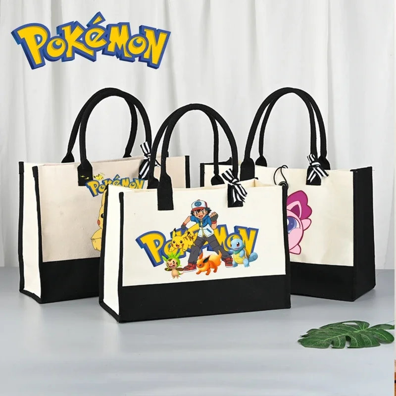 Pokemon moda sacola pikachu bolsa portátil feminina grande capacidade bonito dos desenhos animados impressão à prova dwaterproof água lona saco de compras