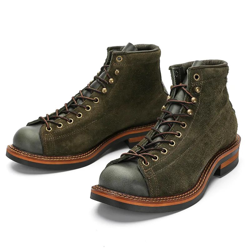 Vintage Men's Genuine Leather Goodyear Motorcycle Boots High-top Brogue Shoes Western Mid-calf Chelsae Boots view 5