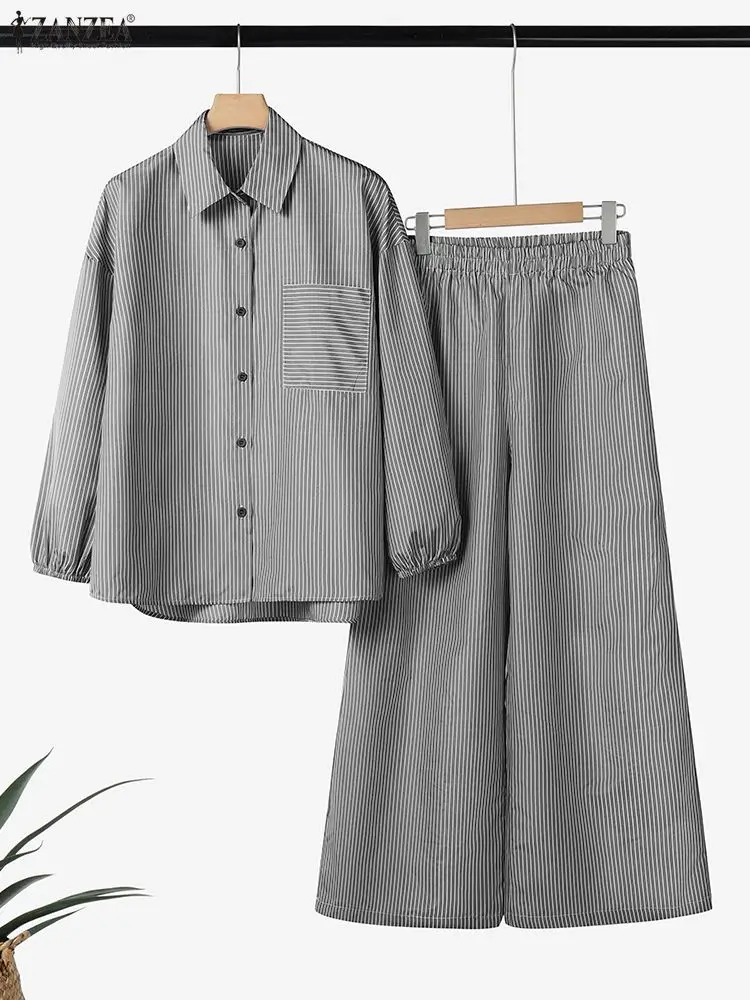 2025 Autumn Stripe Tracksuit ZANZEA Fashion Women Matching Sets Lapel Neck Long Sleeve Shirt Pants Sets Muslim Ramadan Outfits