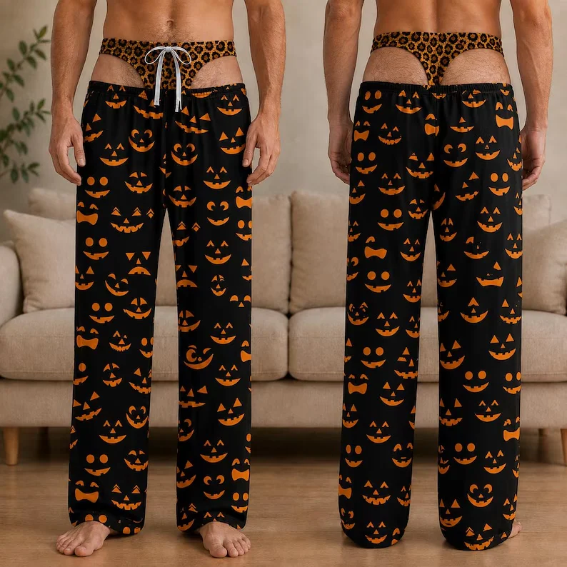 Fun Men's Halloween Open Back Hip Design Leopard Pattern Belt Black Orange Halloween Pumpkin Print Funny Party Home Pants