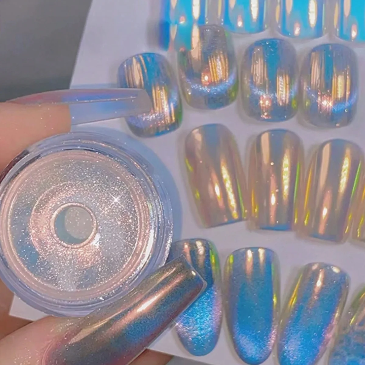 

1, русалка Аврора, цвет, хромированный порошок для ногтей, мечта, единорог, лунный свет, зеркальный эффект, флэш-краска, УФ-гель, создание дизайна ногтей